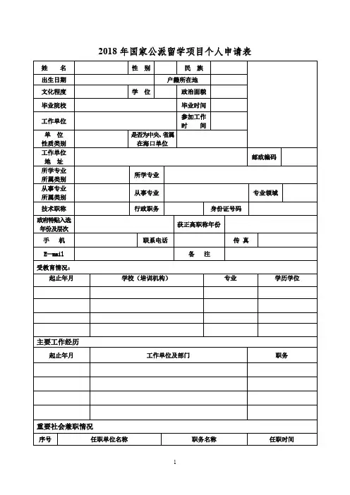 2018年国家公派留学项目个人申请表