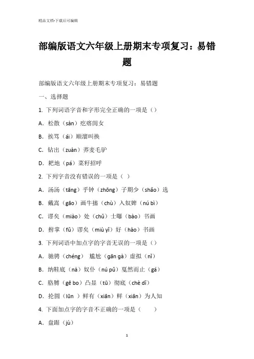 部编版语文六年级上册期末专项复习：易错题
