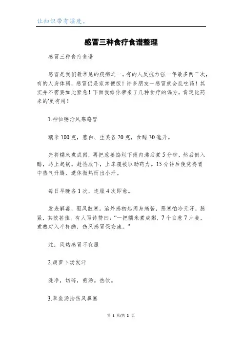 感冒三种食疗食谱整理