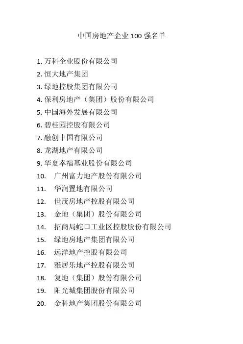 中国房地产企业100强名单
