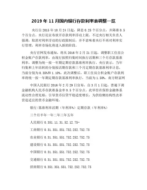 2019年11月国内银行存款利率表调整一览