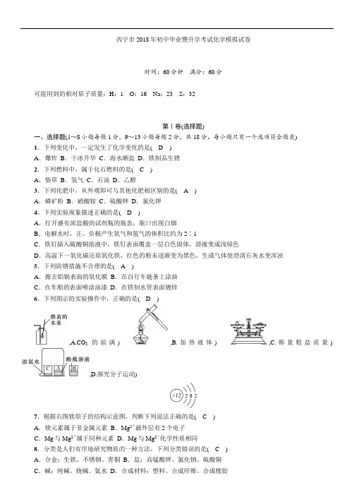 西宁市2018年初中毕业暨升学考试化学模拟试卷