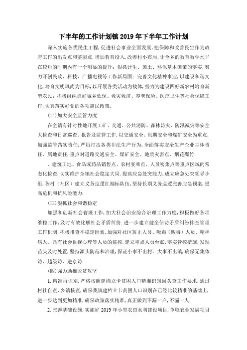 最新-下半年的工作计划 镇2019年下半年工作计划 精品