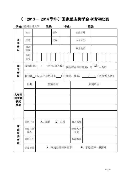 国家励志奖学金申请审批表