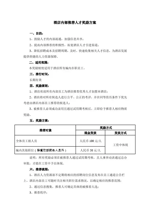 酒店内部推荐人才奖励方案