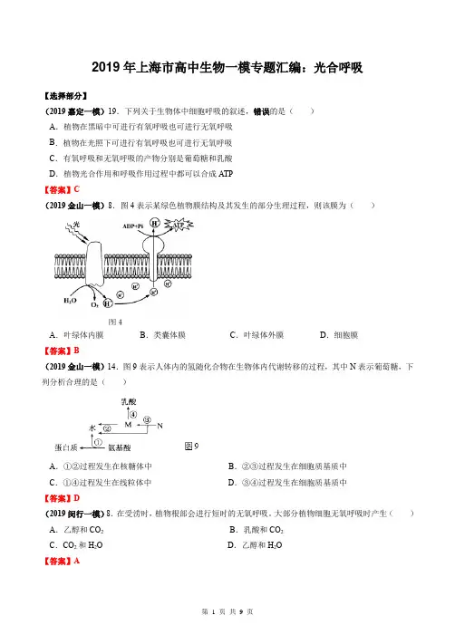 2019年上海市高中生物一模专题汇编：光合呼吸(教师版)