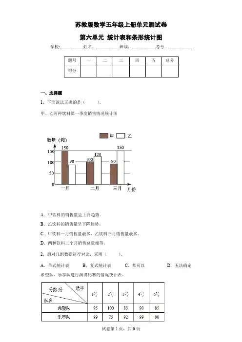 苏教版数学五年级上册单元测试卷-第六单元 统计表和条形统计图(含答案)    (2)
