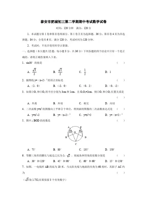 泰安市肥城初三第二学期期中考试数学试卷