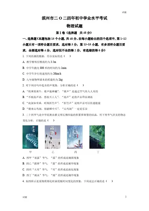 2024年山东省滨州市中考真题试卷物理及答案