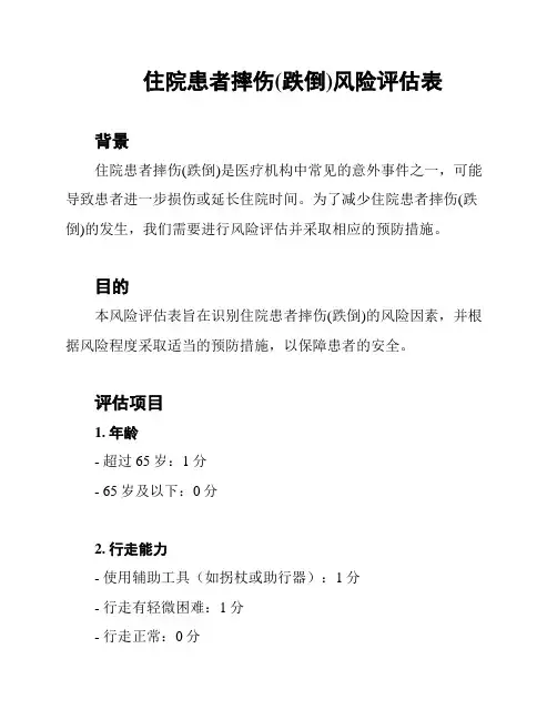 住院患者摔伤(跌倒)风险评估表