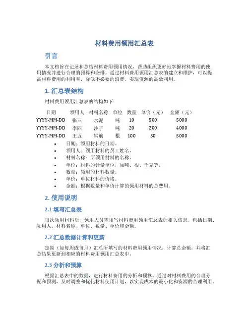 材料费用领用汇总表