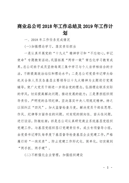 商业总公司2018年工作总结及2019年工作计划