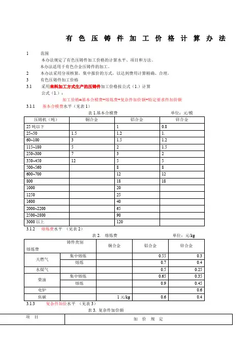 压铸件加工价格计算办法
