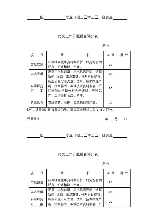 级专业(硕士□博士□)研究生论文工作开题报告评分表【模板】