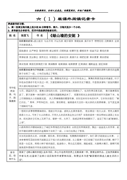 六年级课外阅读记录卡 张翌飞