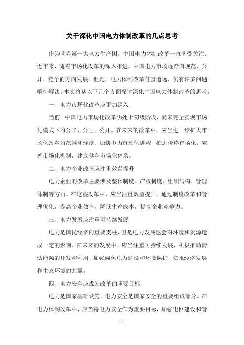 关于深化中国电力体制改革的几点思考