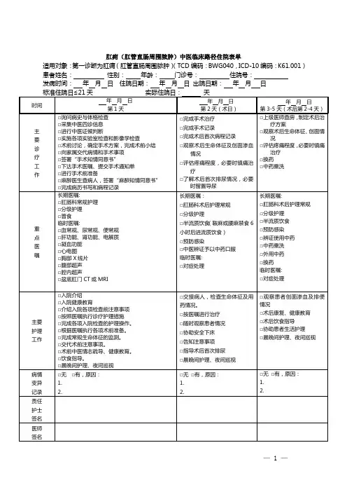 肛痈(肛管直肠周围脓肿)中医临床路径住院表单