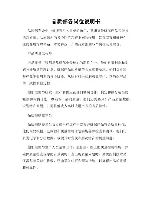 品质部各岗位说明书