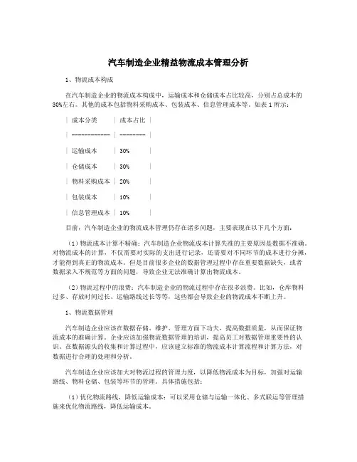 汽车制造企业精益物流成本管理分析