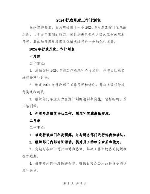 2024行政月度工作计划表
