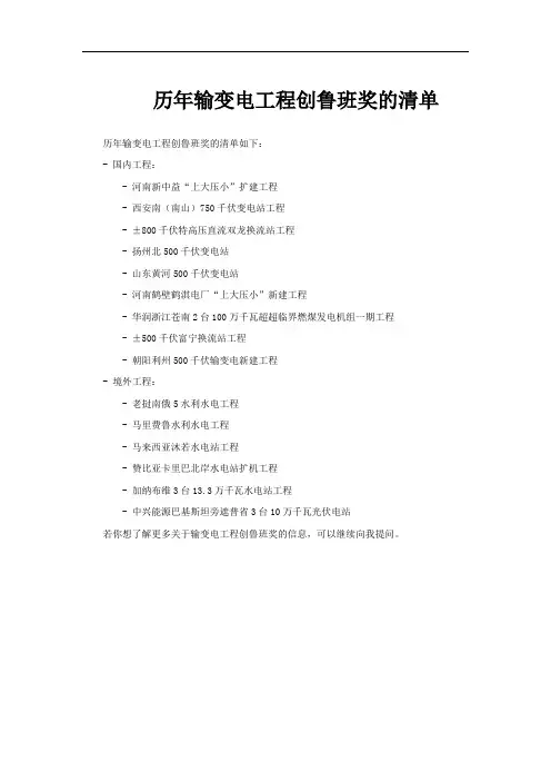 历年输变电工程创鲁班奖的清单