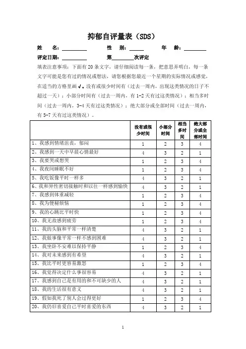 抑郁自评量表简洁表格及评分标准