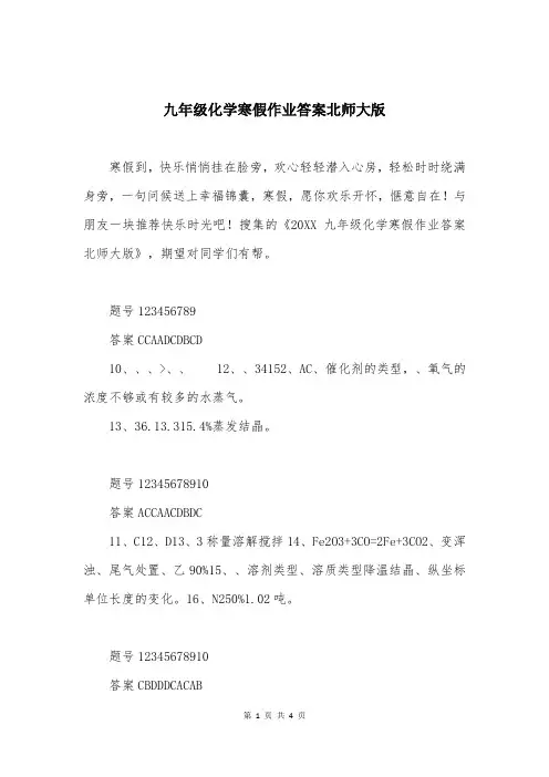 九年级化学寒假作业答案北师大版