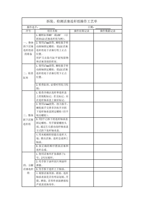 拆装、检测活塞连杆组操作工艺单