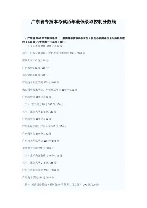 广东省专插本考试历年最低录取控制分数线