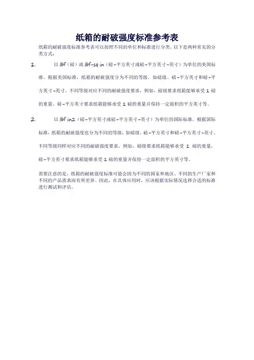 纸箱的耐破强度标准参考表