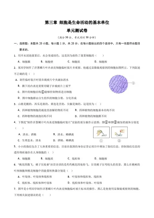 第三章 细胞是生命活动的基本单位【单元测试卷】(原卷版)