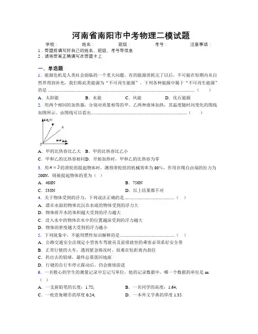 最新河南省南阳市中考物理二模试题附解析