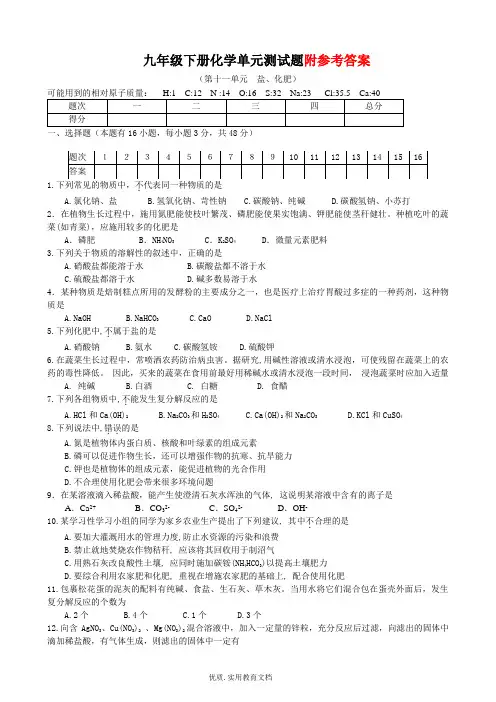 第11单元__盐、化肥_单元测试题及答案