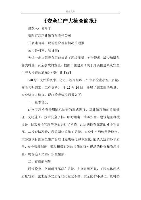《安全生产大检查简报》