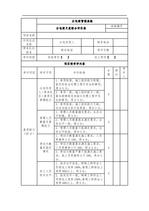 分包商月度综合评价表