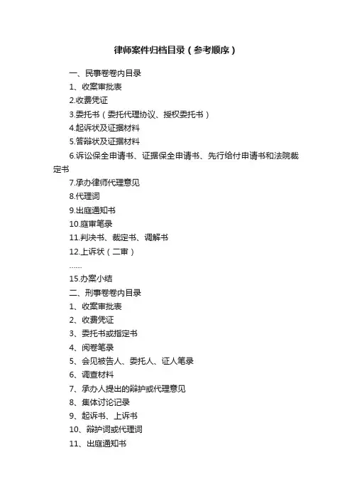 律师案件归档目录（参考顺序）