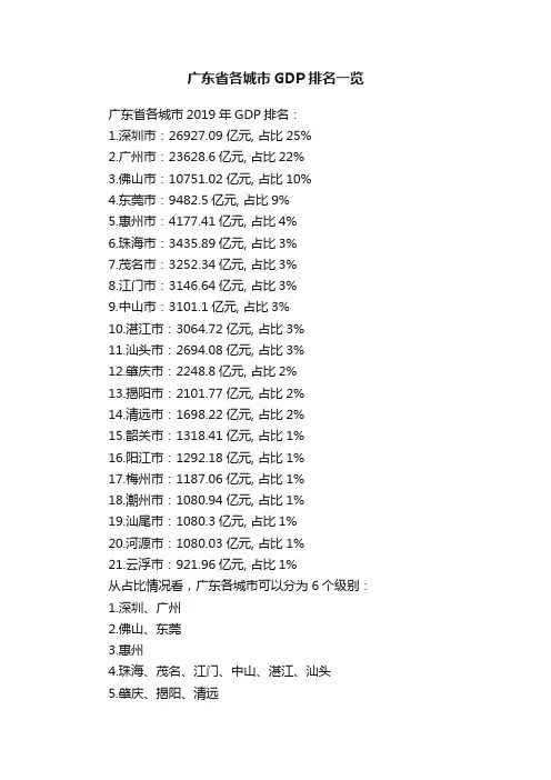 广东省各城市GDP排名一览