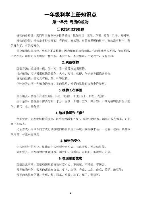 小学科学新教科版一年级上册全册知识点(2024秋)