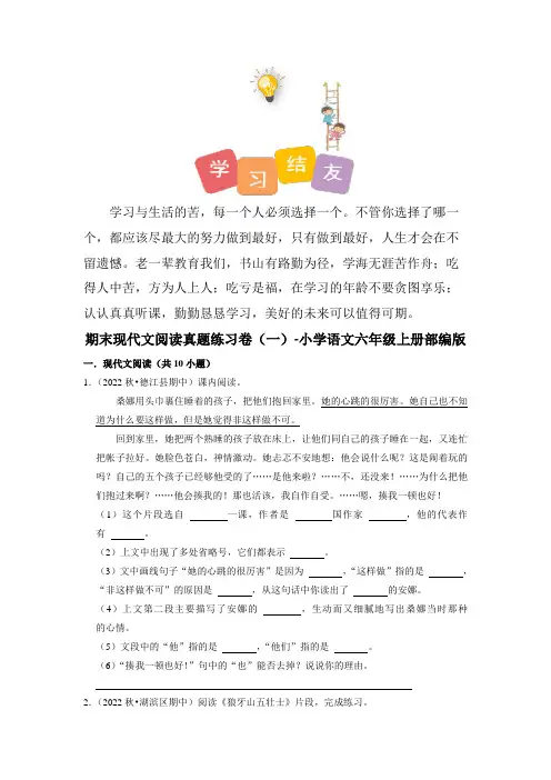 人教部编版六年级语文上册期末现代文阅读真题练习卷(一)(试题)