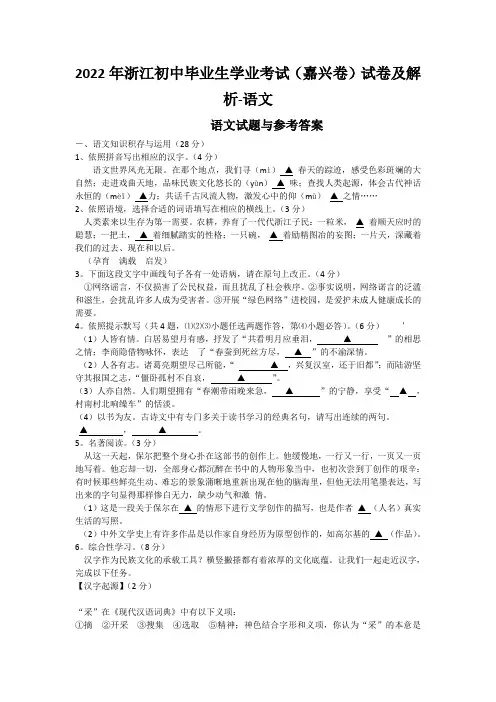 2022年浙江初中毕业生学业考试(嘉兴卷)试卷及解析-语文