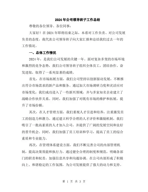 2024年公司领导班子工作总结