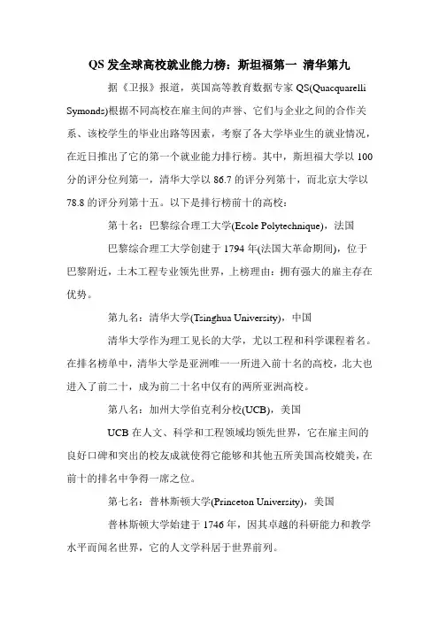 QS发全球高校就业能力榜：斯坦福第一 清华第九