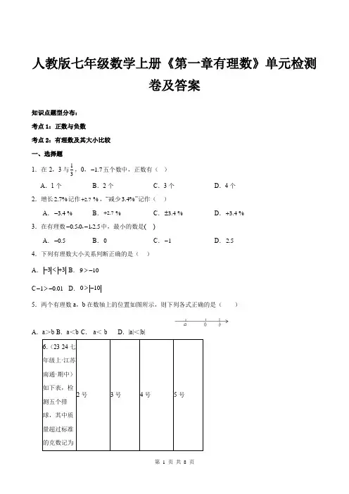 人教版七年级数学上册《第一章有理数》单元检测卷及答案
