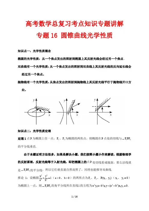 高考数学总复习考点知识专题讲解16 圆锥曲线光学性质