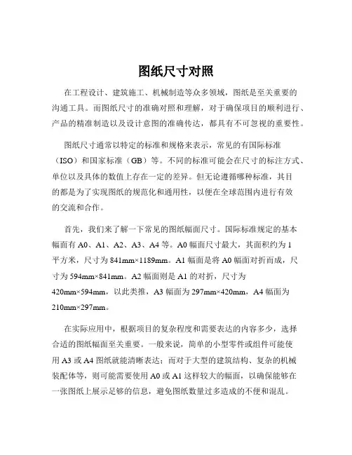 图纸尺寸对照