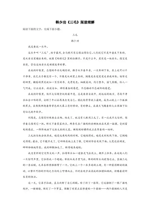 韩少功《三毛》阅读理解