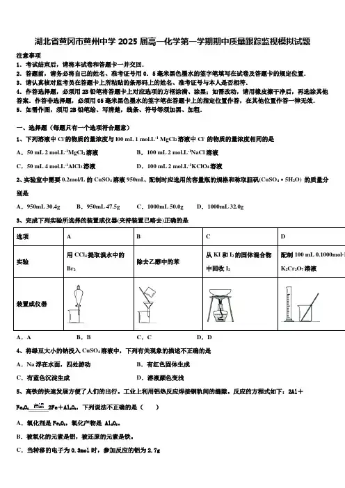 湖北省黄冈市黄州中学2025届高一化学第一学期期中质量跟踪监视模拟试题含解析