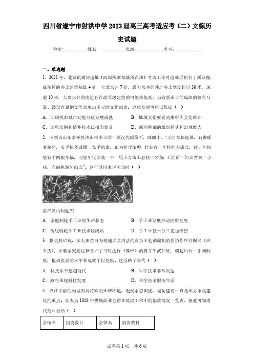 四川省遂宁市射洪中学2023届高三高考适应考(二)文综历史试题(含解析)
