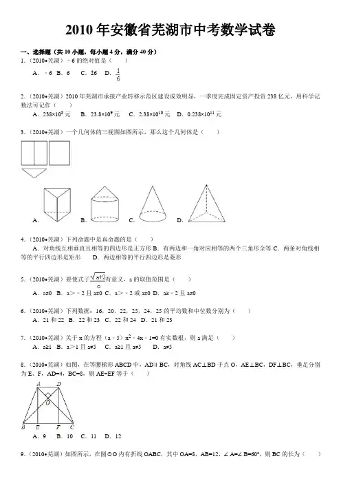 2010年安徽省芜湖市中考数学试卷(word版含解析答案)