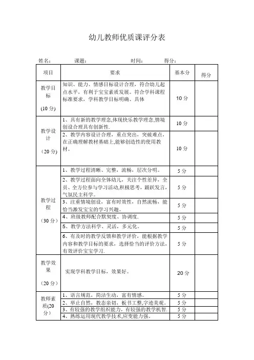教师优质课评分表(完整)
